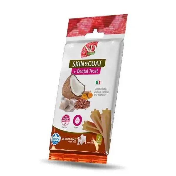 Farmina N&D Quinoa Skin & Coat Herring dental treat bag for medium and maxi dogs, featuring coconut and quinoa imagery.