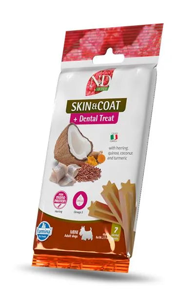 Farmina N&D Quinoa Skin & Coat Herring dental treat bag for mini dogs with coconut, turmeric, and star-shaped chews.