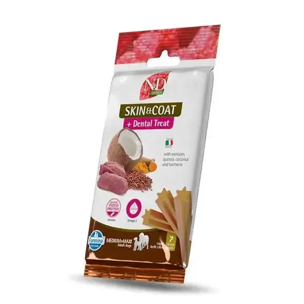 Farmina N&D Quinoa Skin & Coat venison dental treat bag for medium and maxi dogs, featuring coconut and turmeric imagery.