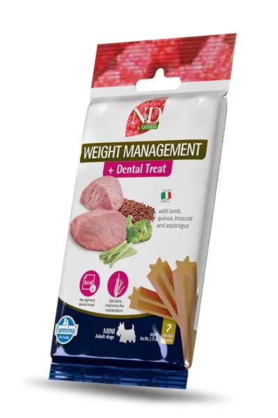 Farmina N&D Quinoa Weight Management and Dental Treat mini pack for dogs with lamb, quinoa, broccoli, and asparagus.