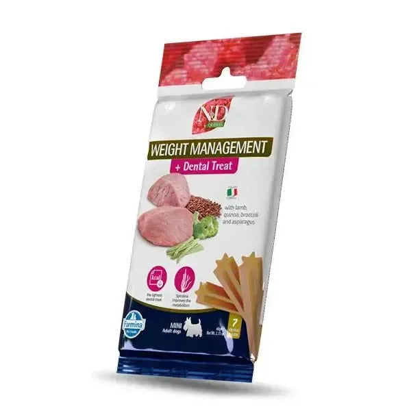 Farmina N&D Quinoa Weight Management and Dental Treat mini pack for dogs with lamb, quinoa, broccoli, and asparagus.