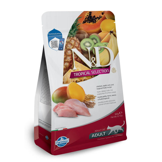 N&D Tropical Selection chicken and fruit cat food bag, 300g, featuring vibrant tropical fruit and meat imagery.