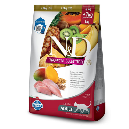 5kg bag of Farmina N&D Tropical Selection cat food featuring chicken, grains, and tropical fruit illustrations.