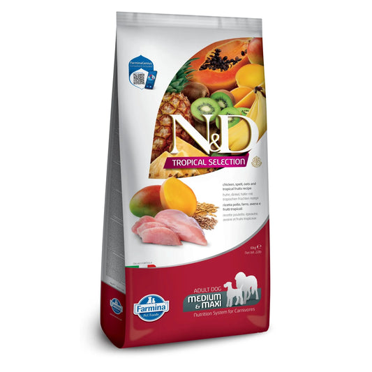 10kg bag of Farmina N&D Tropical Selection dog food featuring chicken, tropical fruits, and ancestral grains.