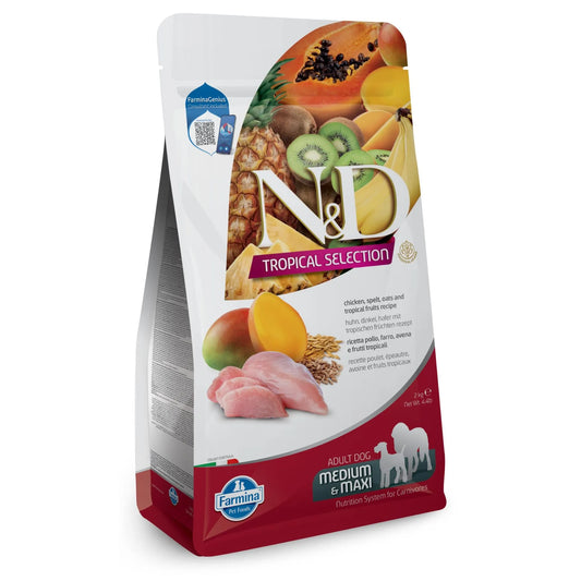 2kg bag of Farmina N&D Tropical Selection dog food featuring chicken, ancestral grains, and tropical fruit imagery.
