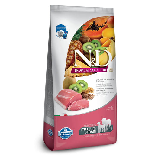 10kg bag of Farmina N&D Tropical Selection pork and ancestral grains dog food with tropical fruit imagery.