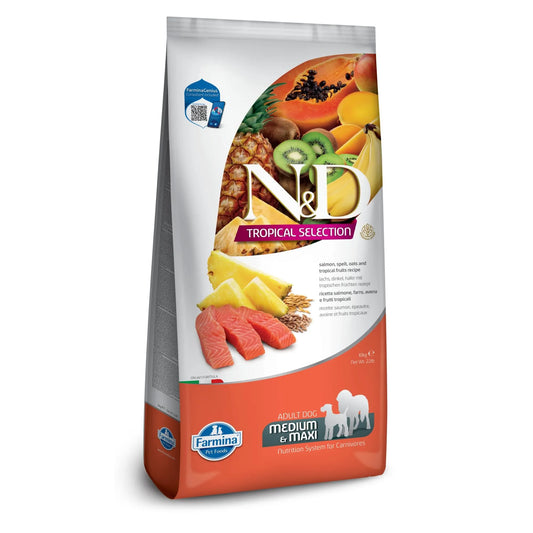 10kg bag of Farmina N&D Tropical Selection salmon and tropical fruit dog food for medium and maxi adult dogs.