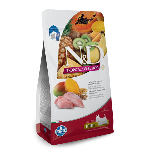 1.5kg bag of N&D Tropical Selection adult mini dog food featuring chicken, ancestral grains, and tropical fruit imagery.