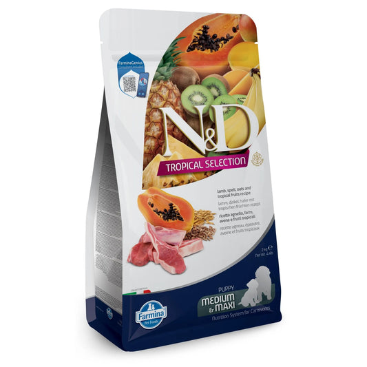 2kg bag of Farmina N&D Tropical Selection puppy food featuring lamb, ancestral grains, and fresh tropical fruits.