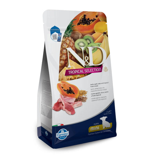 1.5kg bag of Farmina N&D Tropical Puppy Mini Lamb dog food featuring tropical fruit and lamb imagery.