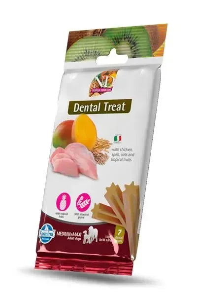 Farmina N&D Tropical Treat 100g bag for medium and maxi dogs featuring chicken, tropical fruits, and star-shaped dental chews.