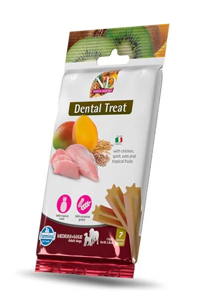 Farmina N&D Tropical Treat 100g bag for medium and maxi dogs featuring chicken, tropical fruits, and star-shaped dental chews.