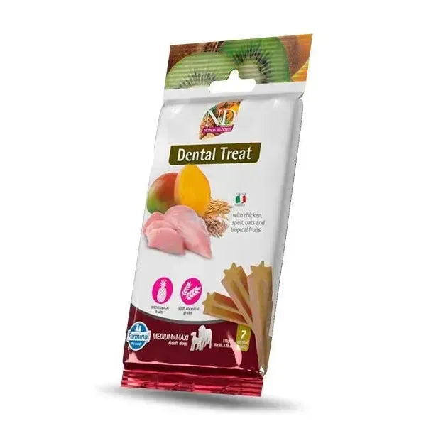 Farmina N&D Tropical Treat 100g bag for medium and maxi dogs featuring chicken, tropical fruits, and star-shaped dental chews.