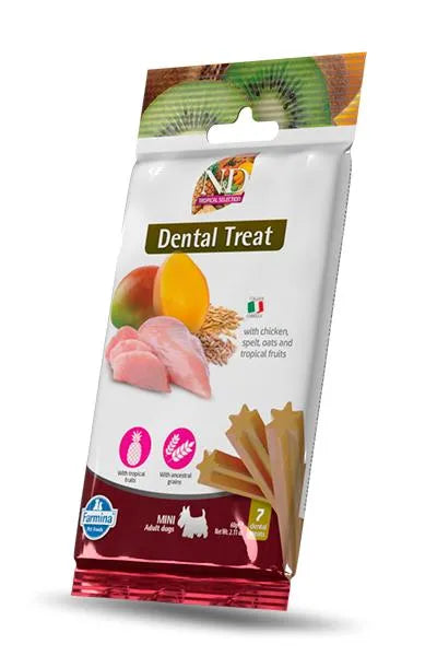 N&D Tropical Selection chicken dental treat pack for mini dogs, featuring images of fresh fruit and star-shaped chews.