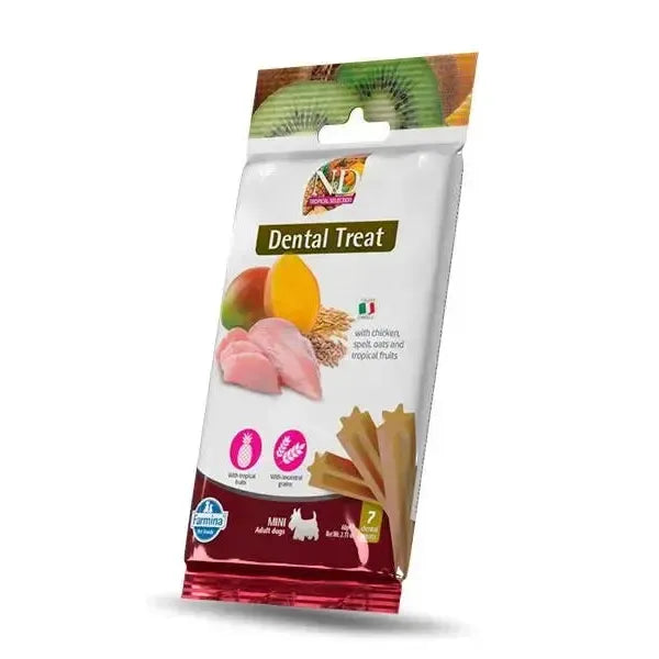 N&D Tropical Selection chicken dental treat pack for mini dogs, featuring images of fresh fruit and star-shaped chews.