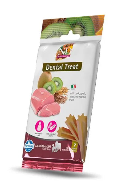 Farmina N&D Tropical Selection pork dental treat bag for medium and maxi dogs, featuring fruit and grain imagery.