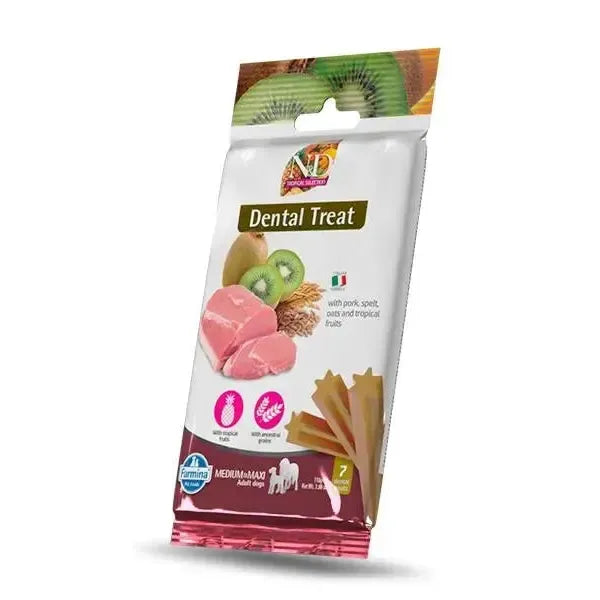 Farmina N&D Tropical Selection pork dental treat bag for medium and maxi dogs, featuring fruit and grain imagery.