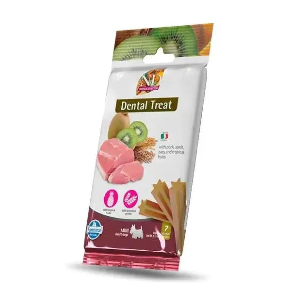 N&D Tropical Treat Pork Mini 60g bag featuring star-shaped dental chews, fresh pork, and tropical fruit imagery.