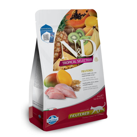 N&D Tropical Neutered Cat Chicken 300g bag featuring tropical fruits, raw chicken, and grains on a white and red package.