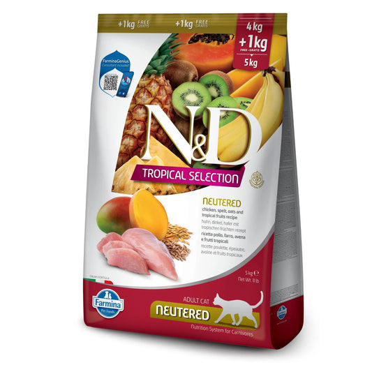 5kg bag of Farmina N&D Tropical Neutered cat food featuring chicken, ancestral grains, and tropical fruit imagery.