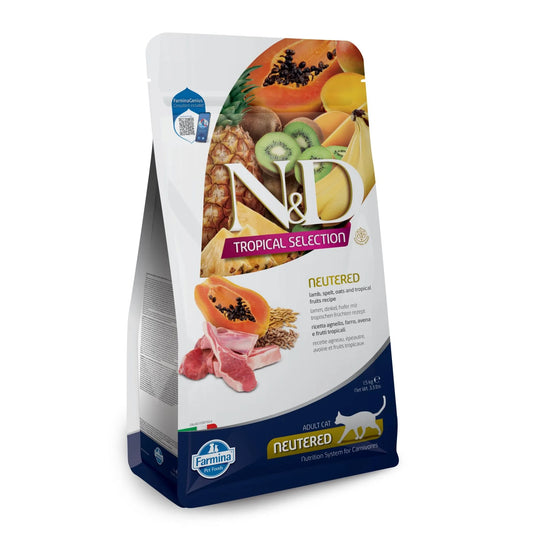1.5kg bag of Farmina N&D Tropical Neutered cat food featuring lamb, ancestral grains, and tropical fruit imagery.