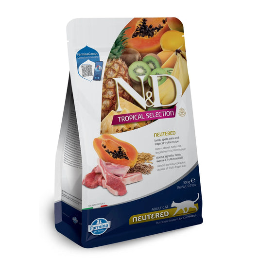 300g bag of Farmina N&D Tropical Neutered Cat food featuring lamb, ancestral grains, and tropical fruit imagery.