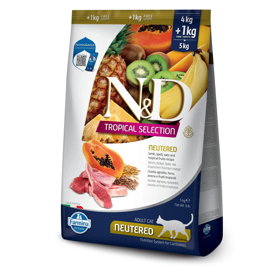 5kg bag of Farmina N&D Tropical Selection lamb and fruit cat food featuring tropical fruits and raw lamb imagery.