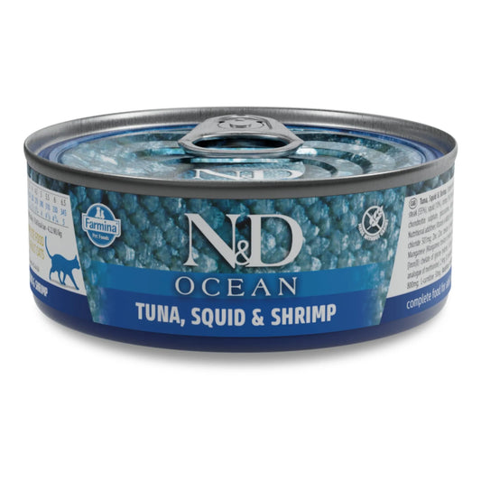 70g N&D Ocean wet cat food can with blue tuna, squid, and shrimp label and a silver pull-tab lid.
