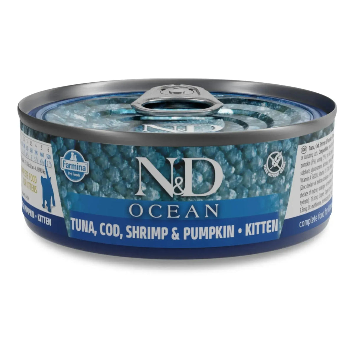 70g can of N&D Ocean kitten wet food with blue label featuring tuna, cod, shrimp, and pumpkin branding.