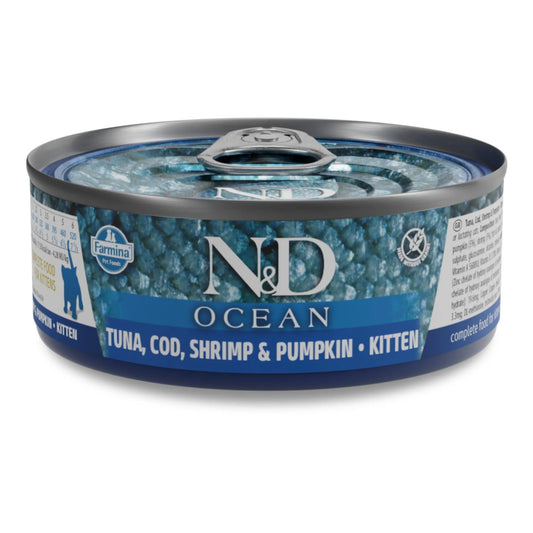 70g can of N&D Ocean kitten wet food with blue label featuring tuna, cod, shrimp, and pumpkin branding.