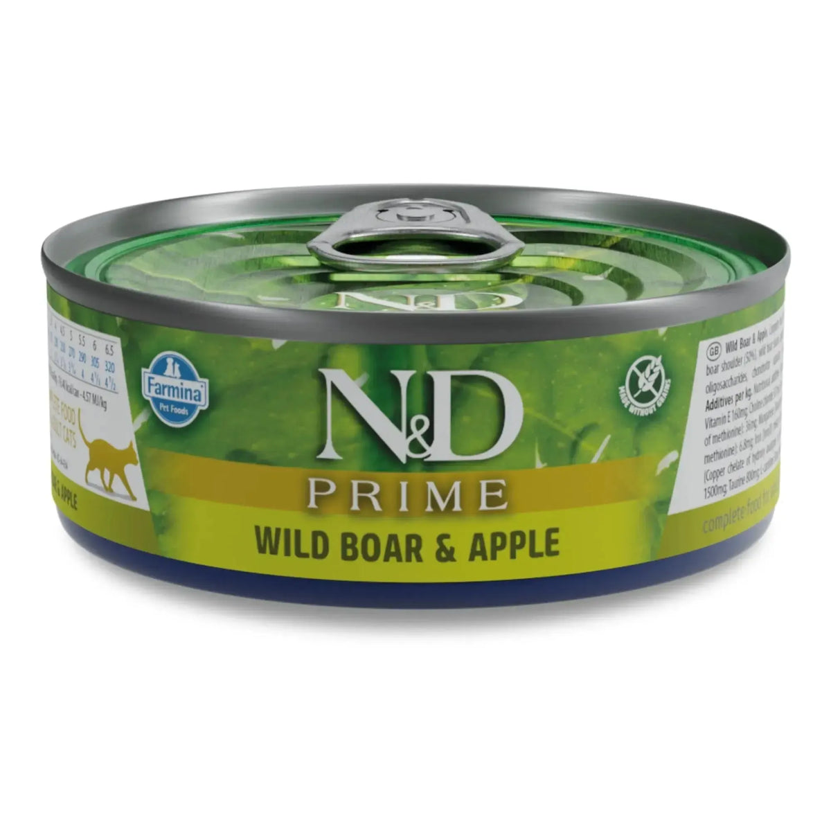 70g tin of Farmina N&D Prime wet cat food with a green label featuring wild boar and apple branding.
