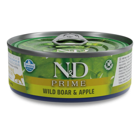 70g tin of Farmina N&D Prime wet cat food with a green label featuring wild boar and apple branding.