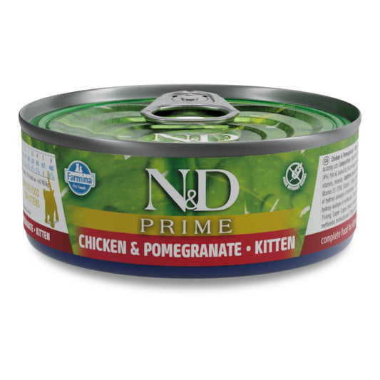 70g can of Farmina N&D Prime Chicken and Pomegranate wet kitten food with green and red branding on a white background.