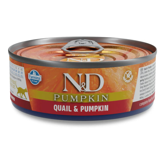 70g can of Farmina N&D Pumpkin Quail and Pumpkin wet cat food with orange and red branding on a white background.