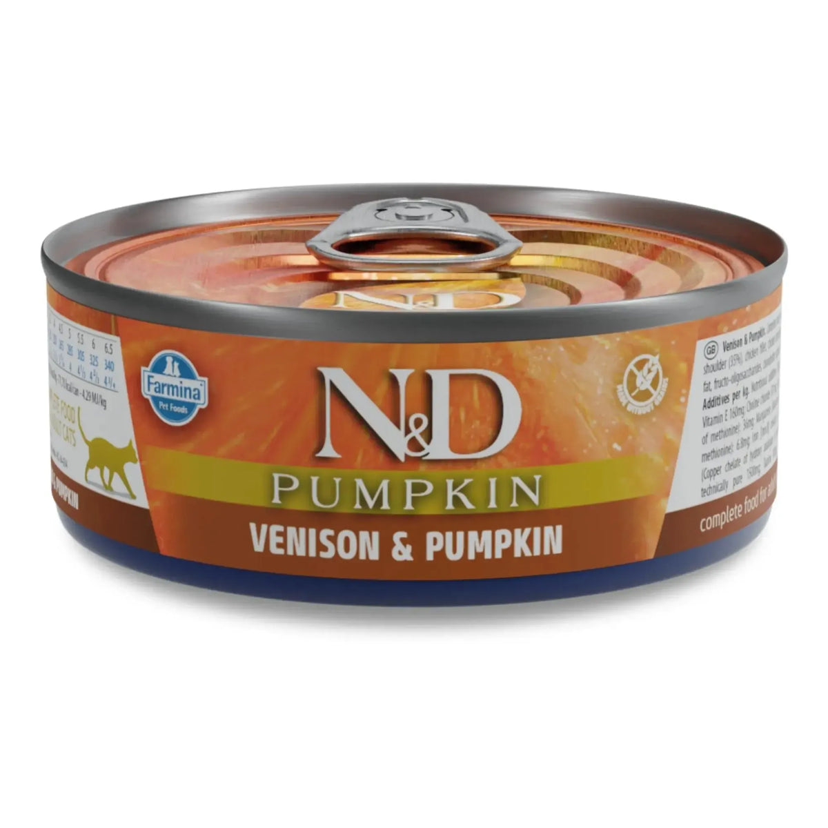 70g can of Farmina N&D Pumpkin wet cat food with orange and brown label featuring venison and pumpkin imagery.