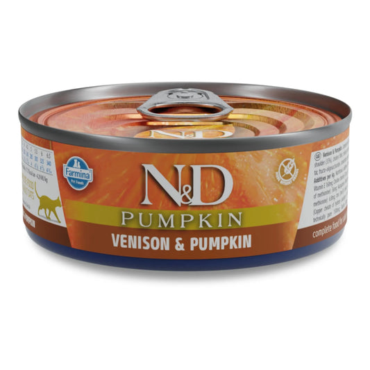 70g can of Farmina N&D Pumpkin wet cat food with orange and brown label featuring venison and pumpkin imagery.