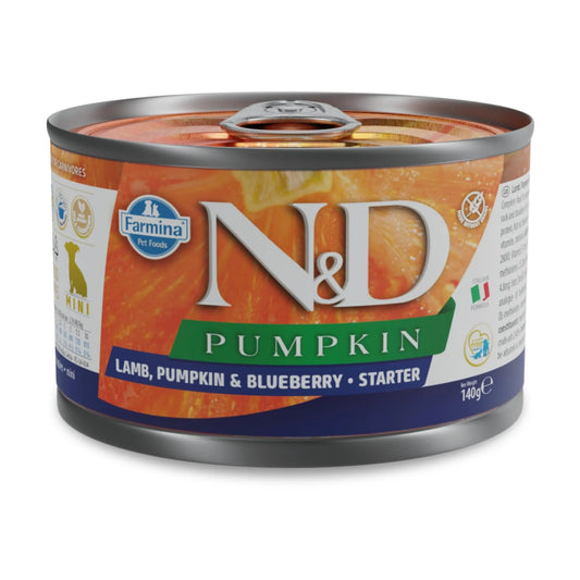 140g Farmina N&D Pumpkin wet dog food can featuring orange pumpkin imagery and lamb, pumpkin, and blueberry label.