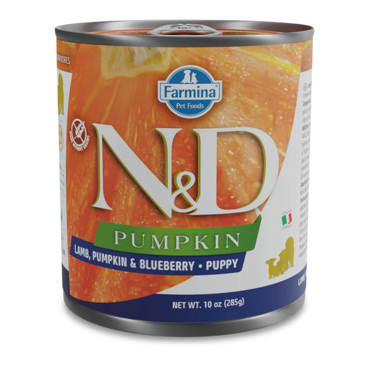 285g can of Farmina N&D Pumpkin puppy food with lamb and blueberry, featuring an orange pumpkin graphic design.