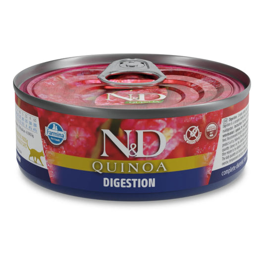 80g metal can of Farmina N&D Quinoa Digestion wet cat food with a red, blue, and gold label and a silver pull-tab lid.