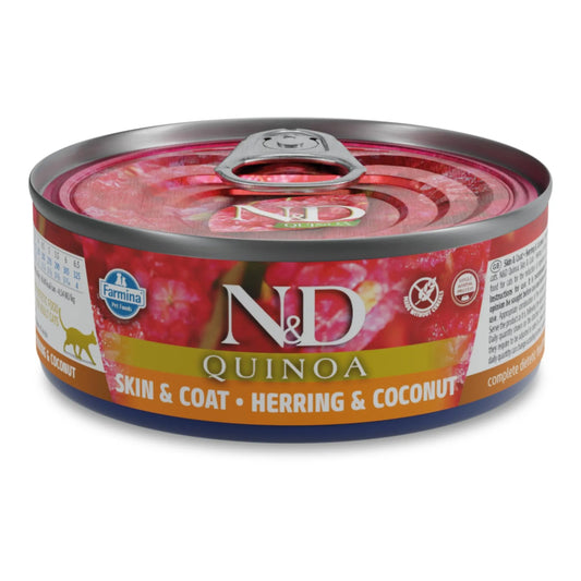 80g can of Farmina N&D Quinoa wet cat food with a red label featuring herring and coconut branding.