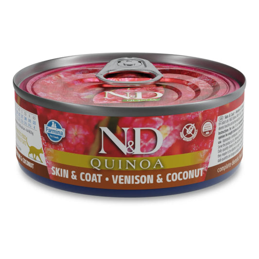 80g tin of Farmina N&D Quinoa wet cat food with a red label featuring venison and coconut branding.