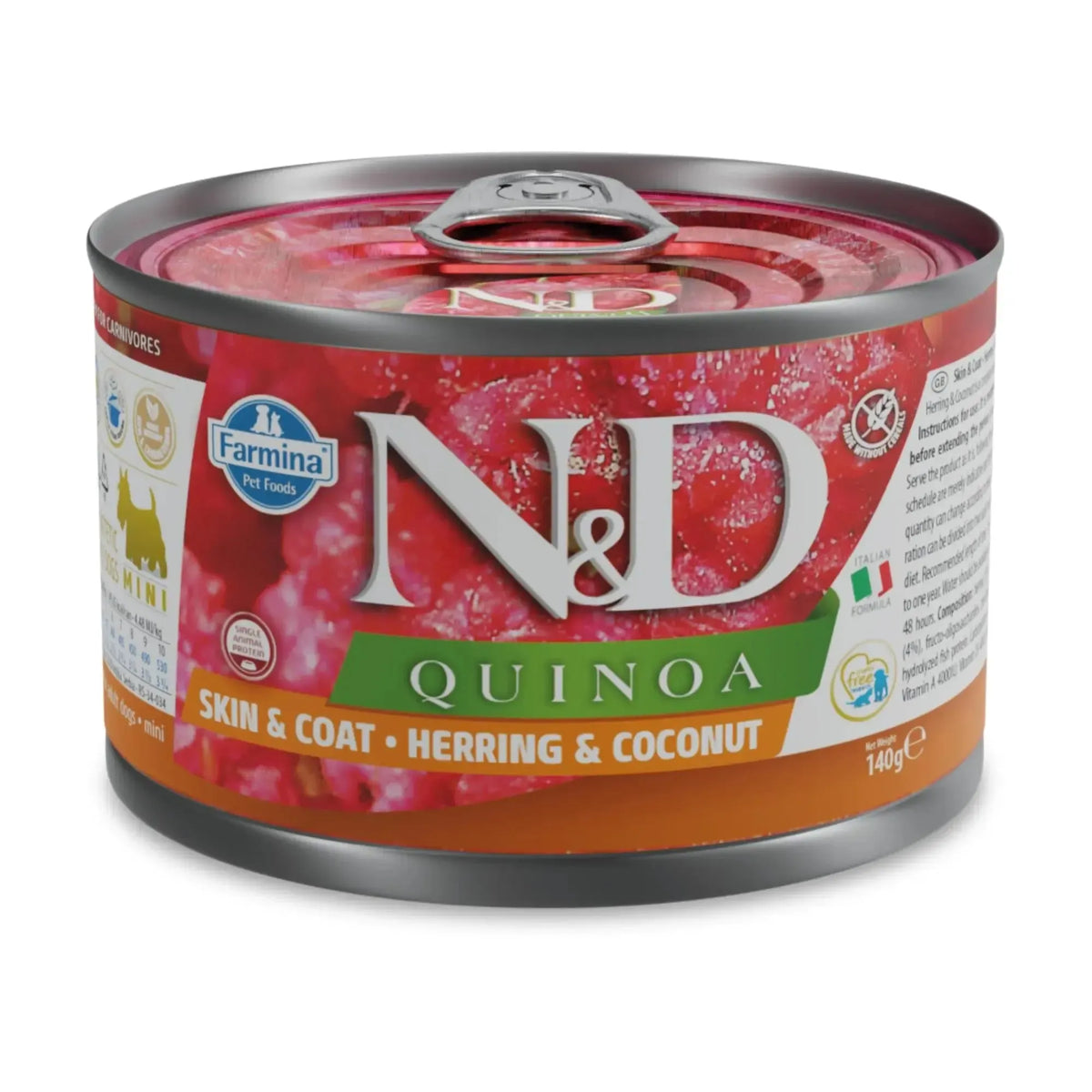 140g N&D Quinoa wet dog food can featuring red branding with herring and coconut imagery on a white background.