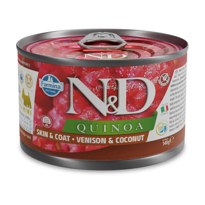 140g can of Farmina N&D Quinoa wet dog food with a red label featuring venison and coconut imagery.