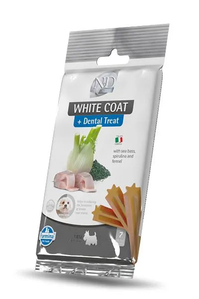 N&D White Coat Dental Treat bag featuring sea bass, spirulina, and fennel imagery with star-shaped treats for small dogs.