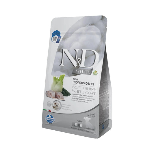1.5kg bag of Farmina N&D White puppy food with sea bass, spirulina, and fennel for white-coated mini breed dogs.