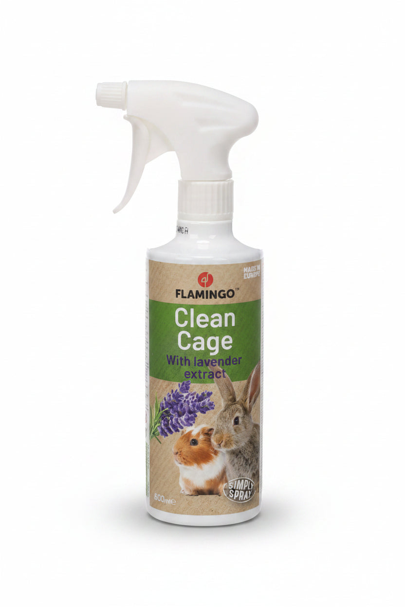 A bottle of Flamingo Clean Cage extract spray with lavender, featuring a white trigger spray top and a label with a rabbit, guinea pig, and lavender flowers on a beige background.