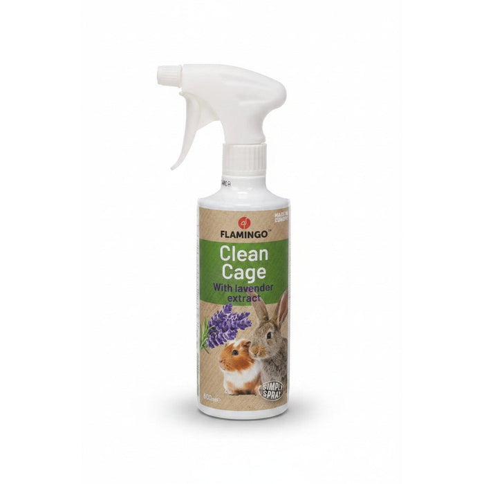 A bottle of Flamingo Clean Cage extract spray with lavender, featuring a white trigger spray top and a label with a rabbit, guinea pig, and lavender flowers on a beige background.