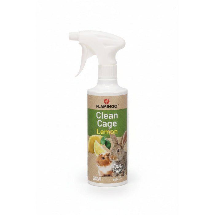 A white plastic trigger spray bottle of Flamingo Clean Cage Lemon pet cleaner, featuring a label with a rabbit, a guinea pig, and lemon illustrations.