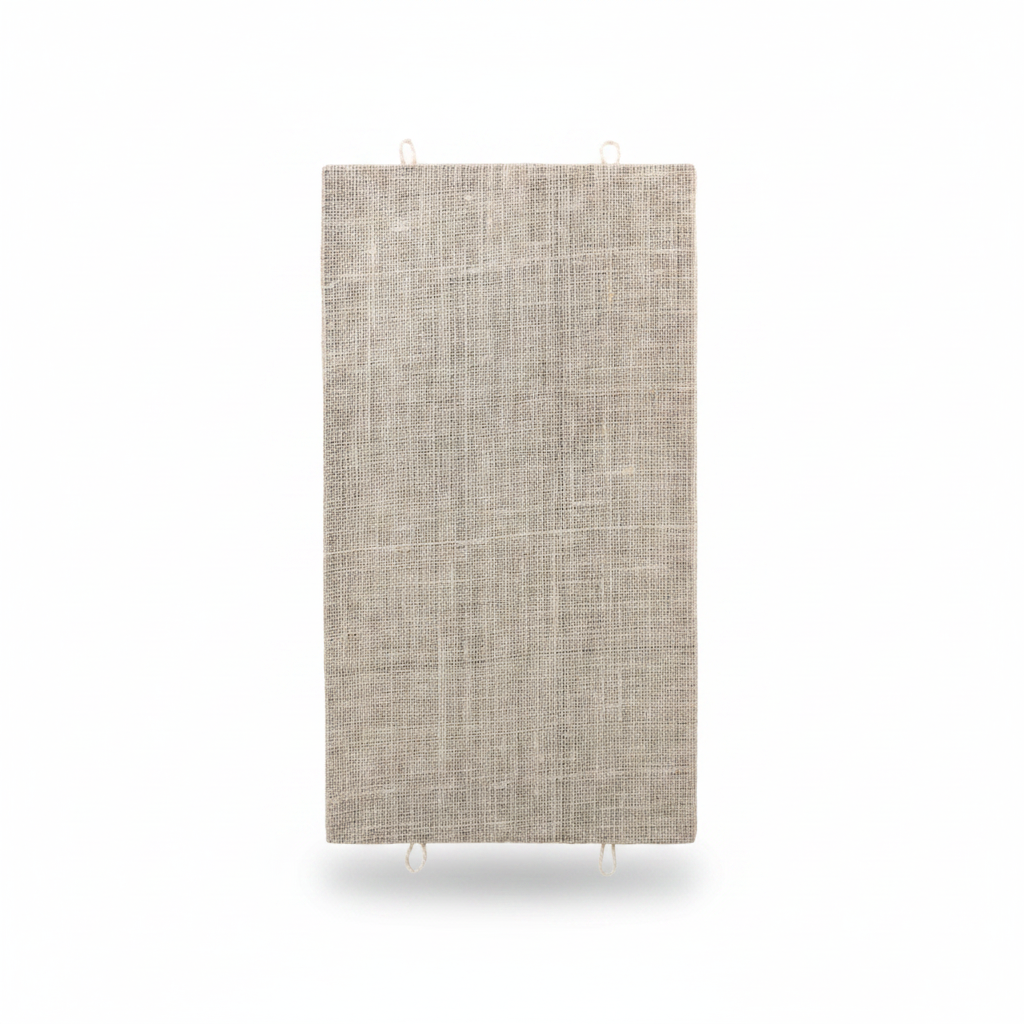 A rectangular woven wall hanging or panel shown on a white background, with a size diagram inset indicating dimensions of 52 cm by 28 cm. The product has a light beige linen-like texture and small hanging loops at the corners.