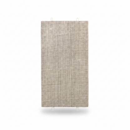 A rectangular woven wall hanging or panel shown on a white background, with a size diagram inset indicating dimensions of 52 cm by 28 cm. The product has a light beige linen-like texture and small hanging loops at the corners.